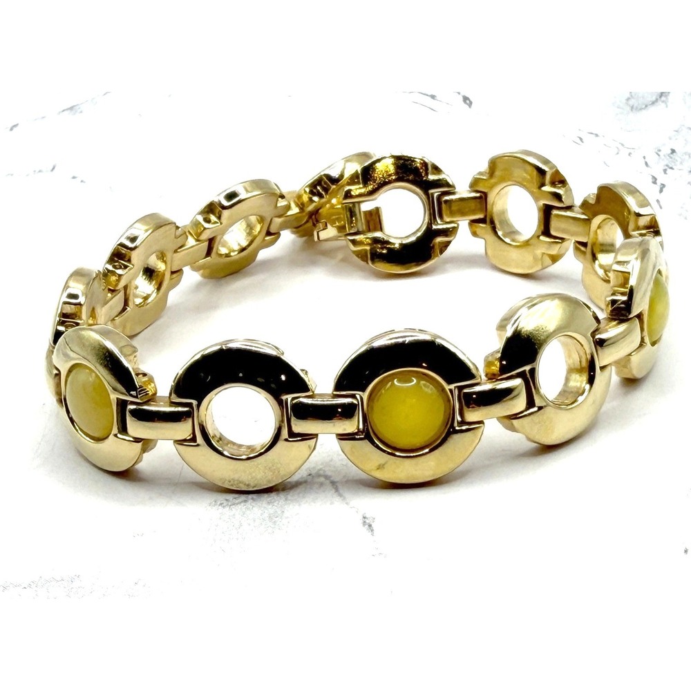 Gold Tone Link Bracelet Yellow Cabochon Chunky Statement 8"‎ Hinged
